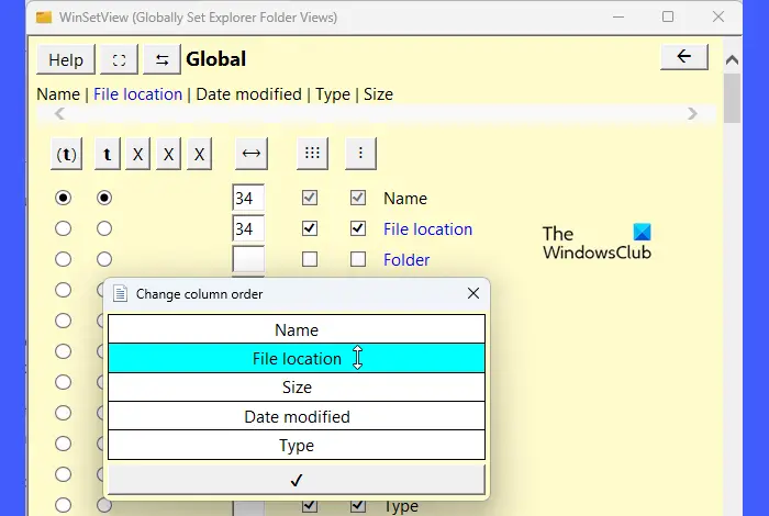 Column headings selection page in WinSetView