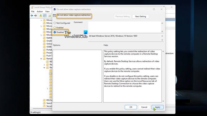 Configure Group Policy to allow video capture redirection