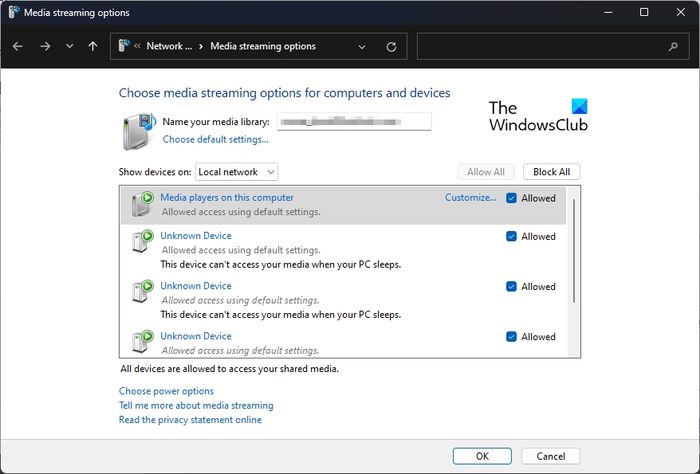 Control Panel Media Streaming Options