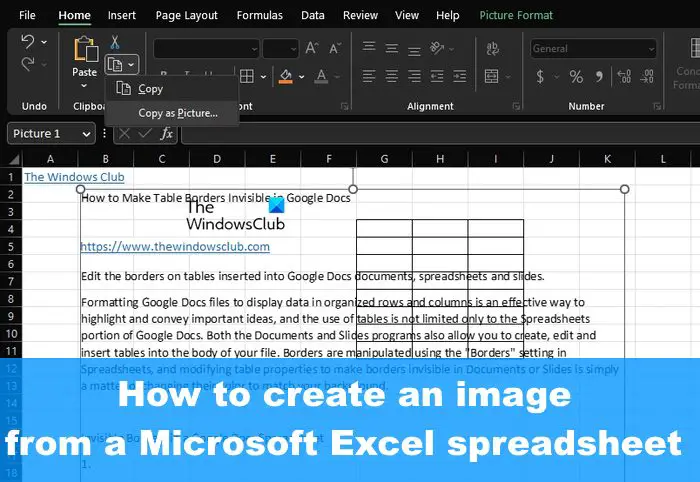 How to create an image from a Microsoft Excel spreadsheet