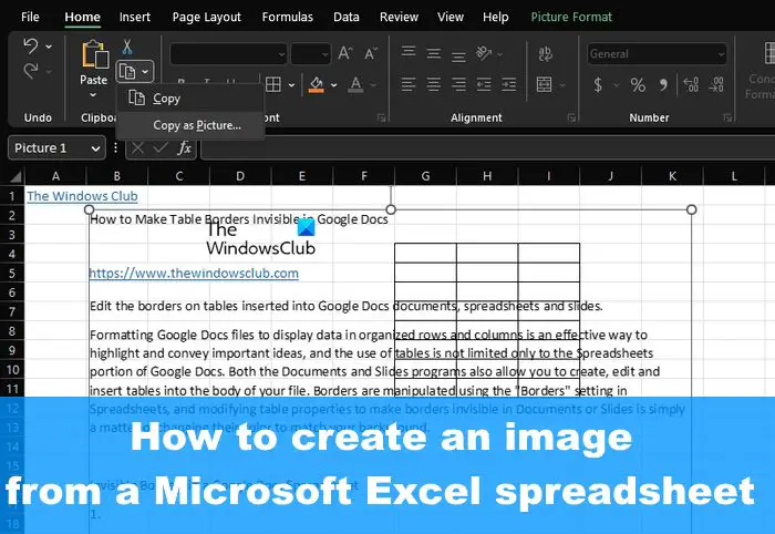 How to create Picture of Excel spreadsheet