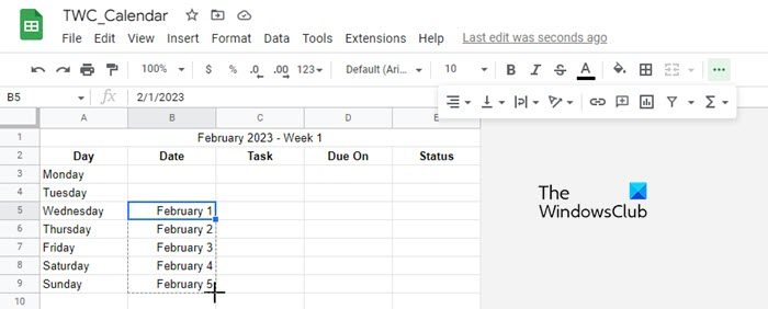 Creating a Google Sheets calendar from scratch - adding days