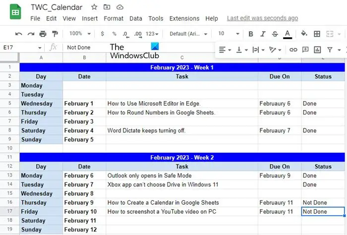 Creating a Google Sheets calendar from scratch