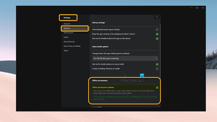 Enable Offline Permissions in Xbox app