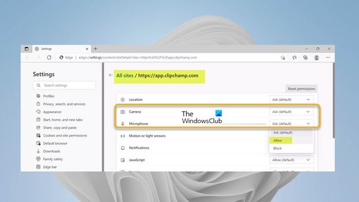 Enable microphone and camera access in Clipchamp settings-2