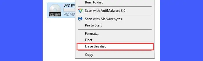 Erase Disc option in Rewritable Disc