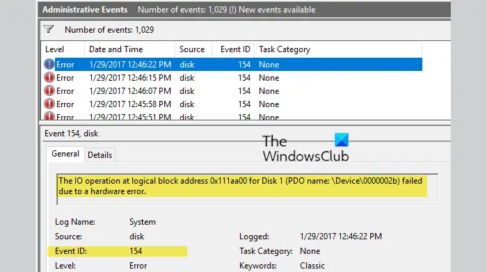 Event ID 154, The IO Operation failed due to a hardware error