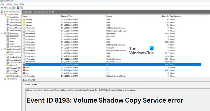 Event ID 8193 Volume Shadow Copy Service error