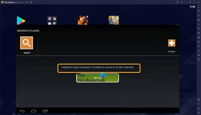 Failed to load channels error in BlueStacks