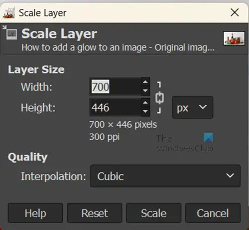 How to add a glow to an object in GIMP - Scale layer options