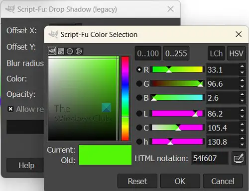 How to add a glow to an object in GIMP - drop shadow legacy color