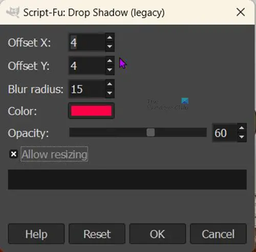 How to add a glow to an object in GIMP - drop shadow - legacy options window