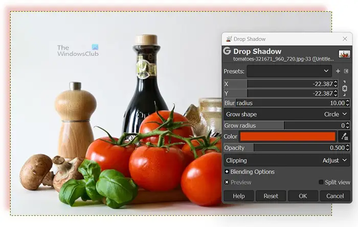 How to add a glow to an object in GIMP - regular drop shadow menu - x and y in negative with color sample of fruit