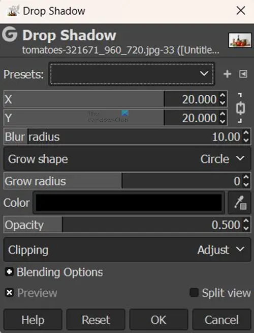 How to add a glow to an object in GIMP - regular drop shadow menu