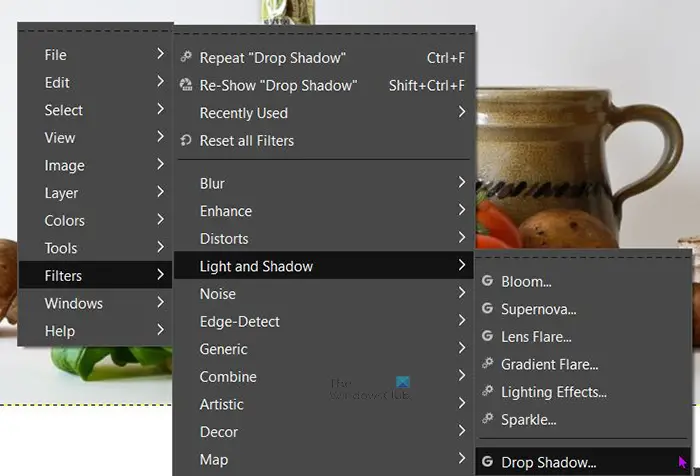 How to add a glow to an object in GIMP - right click filter - drop shadow