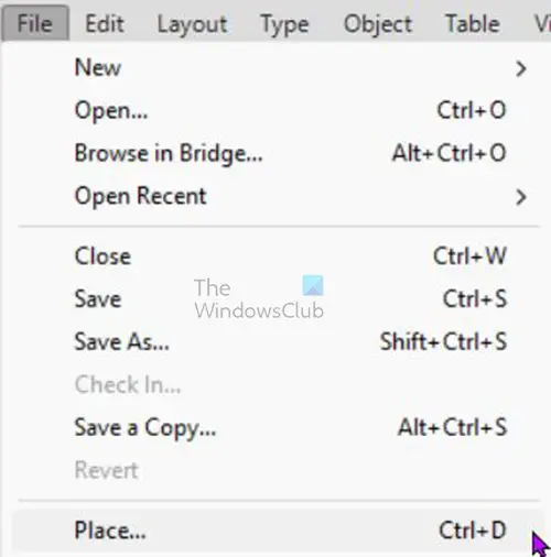 How to add an image to text in InDesign - Place - top menu