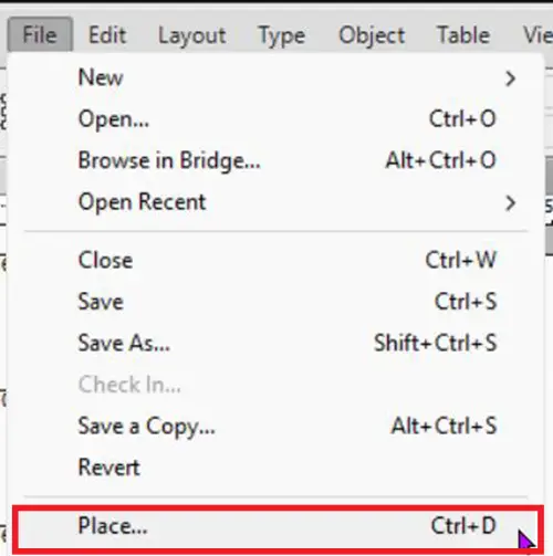 How to add images to shapes in InDesign - Place top menu