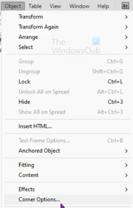 How to change shapes in InDesign - object then corner options