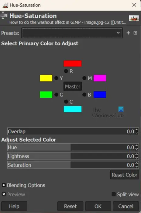 How to do the washout effect in GIMP - Hue saturation menu