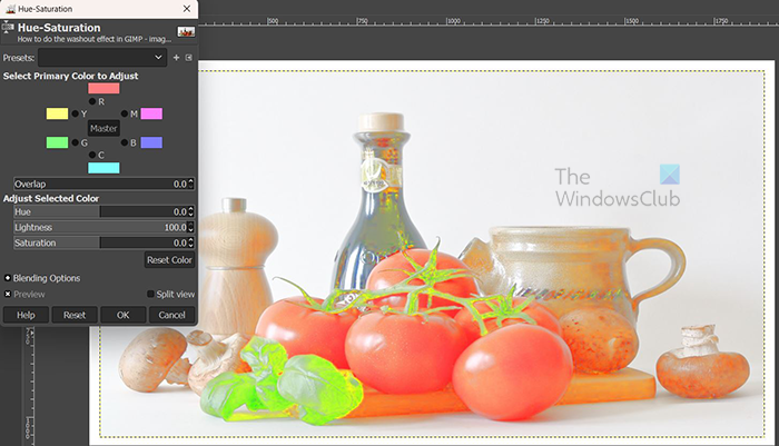 How to do the washout effect in GIMP - hue saturation adjusting