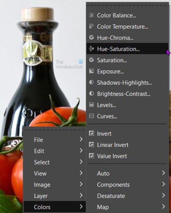 How to do the washout effect in GIMP - hue saturation - right click