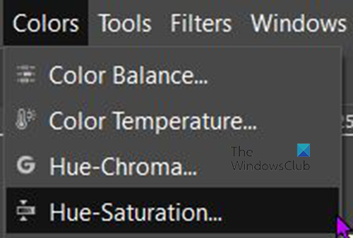 How to do the washout effect in GIMP - hue saturation - top menu