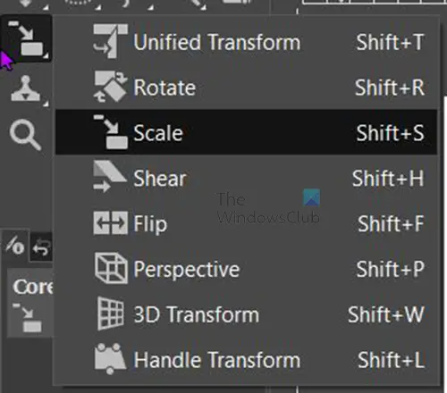 How to resize images in GIMP - Left layers panel - Transform tools list