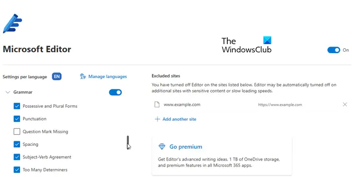 Microsoft Editor Settings page in Edge