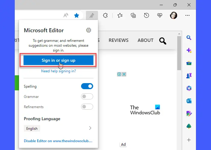 Microsoft Editor popup window in Edge