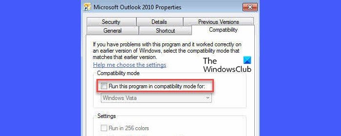 Microsoft Outlook Properties window