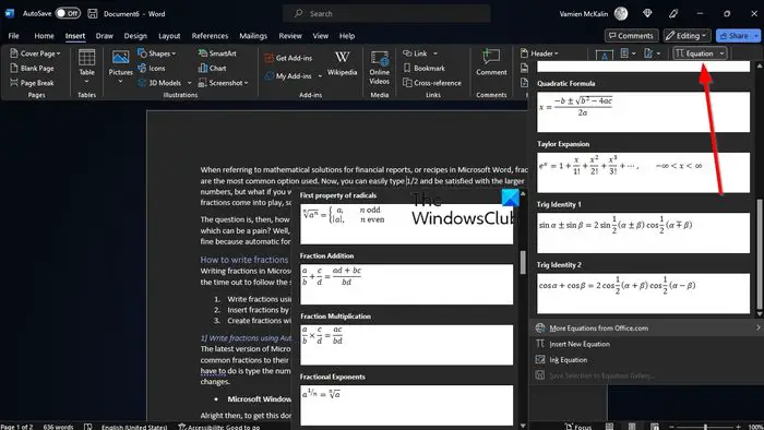 Microsoft Word Equation