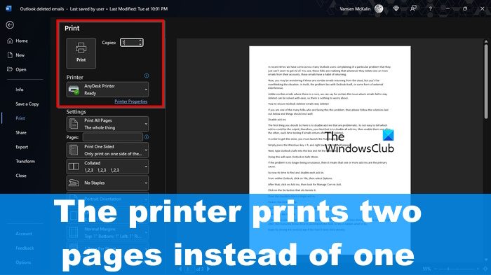 The printer prints two pages instead of one