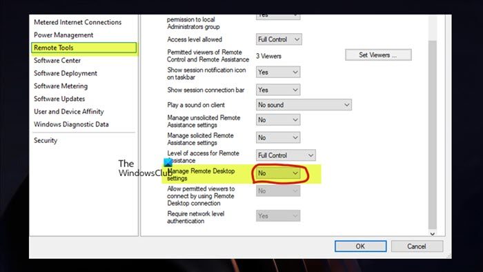 Check the Remote Tools settings in ConfigMgr