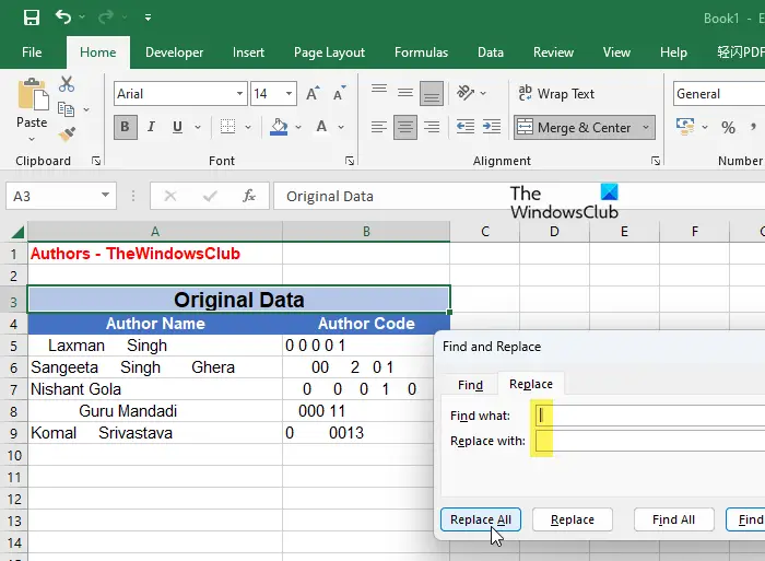 Remove spaces using the Find and Replace feature in Excel