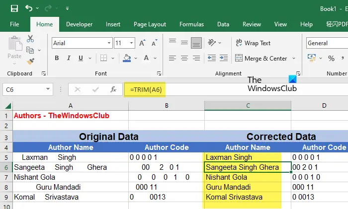 Remove spaces using the TRIM() function in Excel