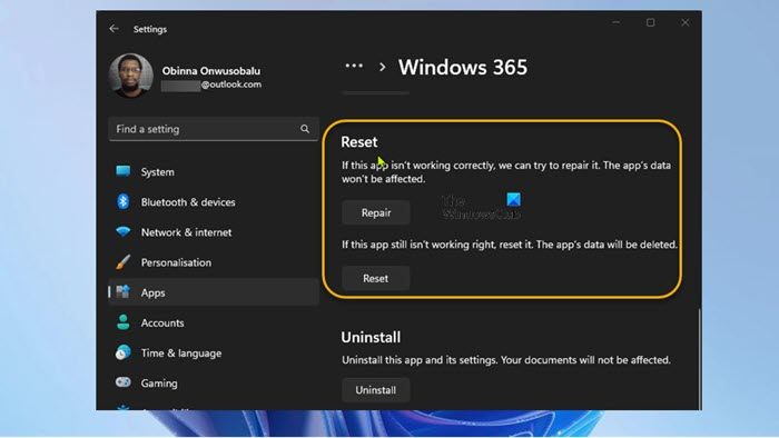 Repair/Reset the Windows 365 app