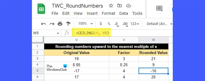 Round numbers using the CEILING function