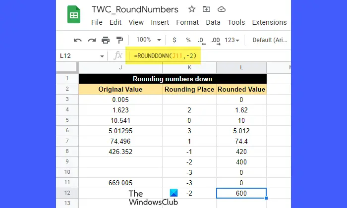 Round numbers using the ROUNDDOWN function