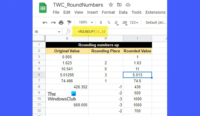 Round numbers using the ROUNDUP function