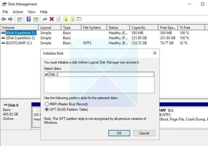 Select Partition Style for Selected Disks