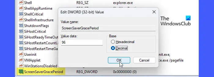 Setting value data for DWORD ScreenSaverGracePeriod