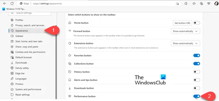 Show-Hide the Performance button from Edge's Settings page.