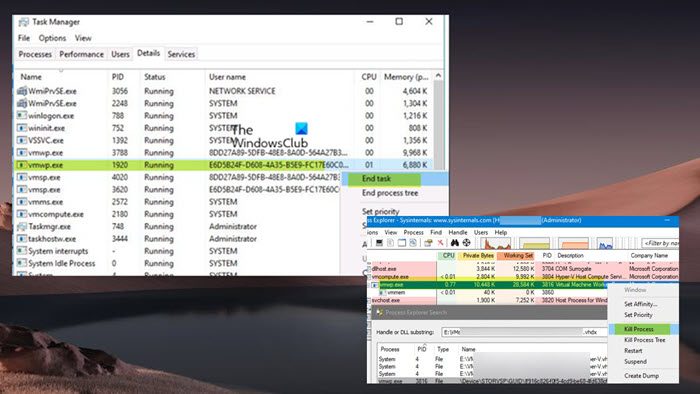 Stop an unresponsive Hyper-V VM using Task Manager or Process Explorer