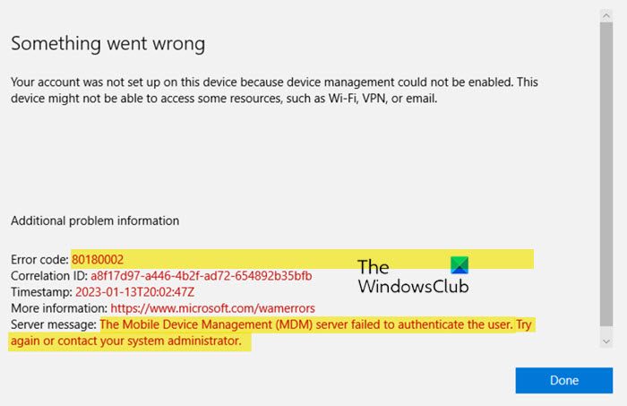 Error 80180002, Mobile Device Management (MDM) server failed