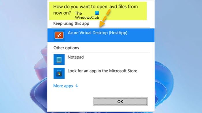 The Windows 365 app asks to select a new default app