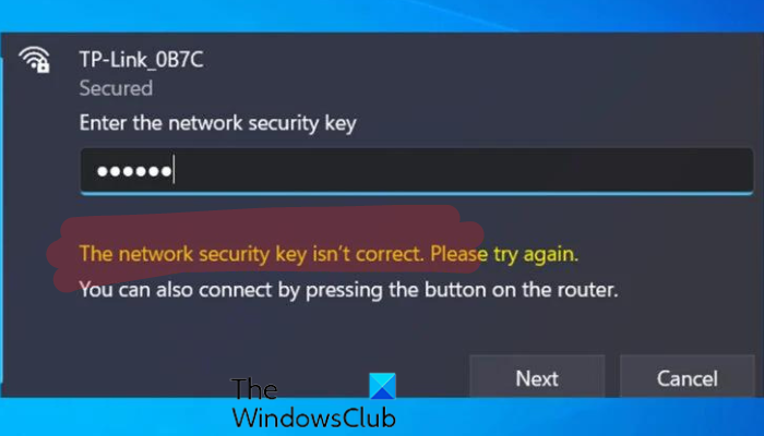 The network security key isn't correct