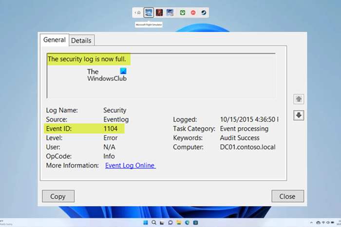 The security log is now full (Event ID 1104) The security log is now full (Event ID 1104)