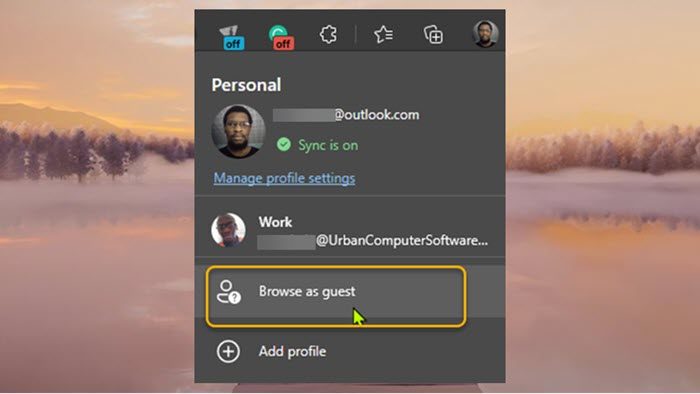 Use the Browse as guest option in Edge