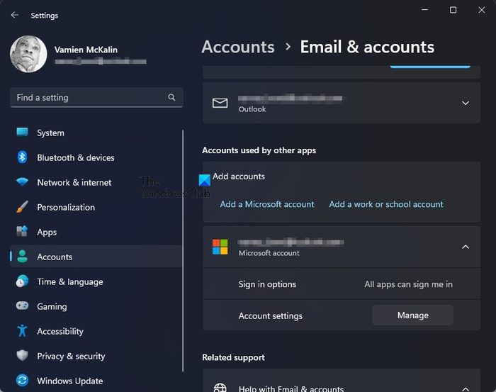 Windows 11 Settings Email and Accounts