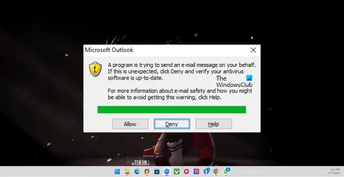 A program is trying to send an e-mail message on your behalf warning in Outlook 